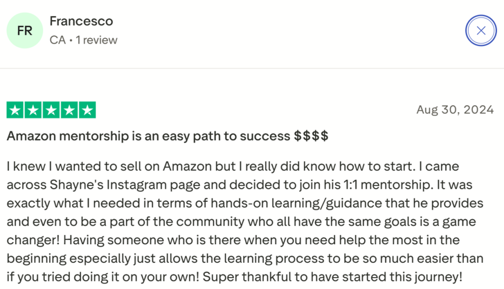 Customer review praising the course mentorship program for providing hands-on guidance