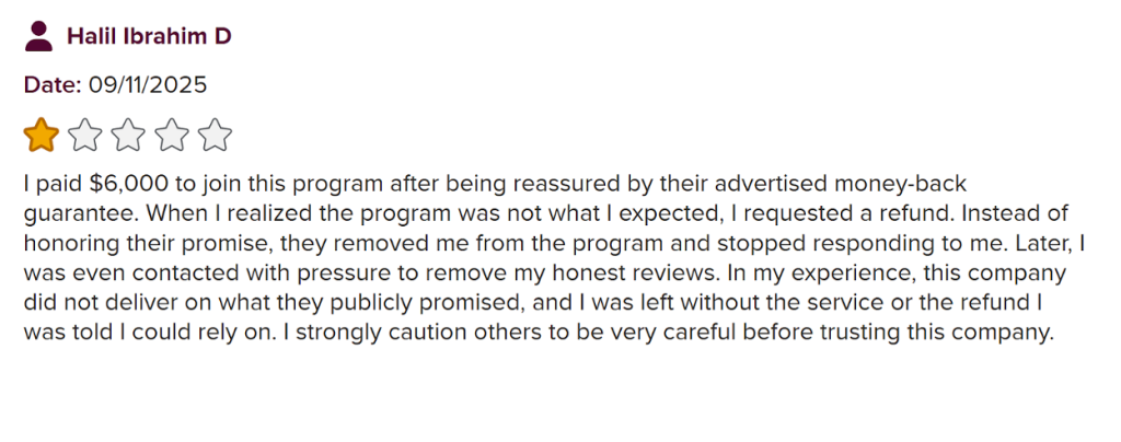 Review describing $6,000 program payment dispute and the denied refund request