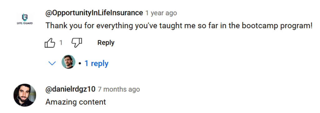 Screenshot of positive student testimonials from YouTube.